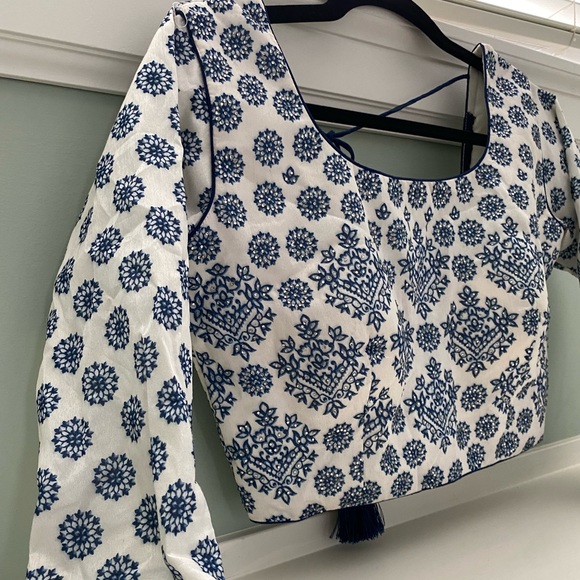 Navy Blue and White Silk Lengha - Picture 2 of 6